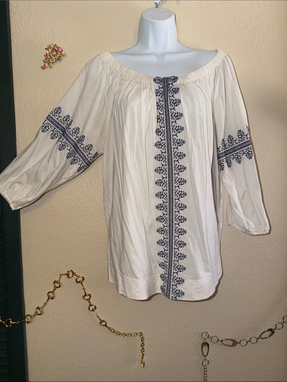 White Embroidered Peasant Top Navy Chaps Denim XL 16 Off Shoulder Shirt